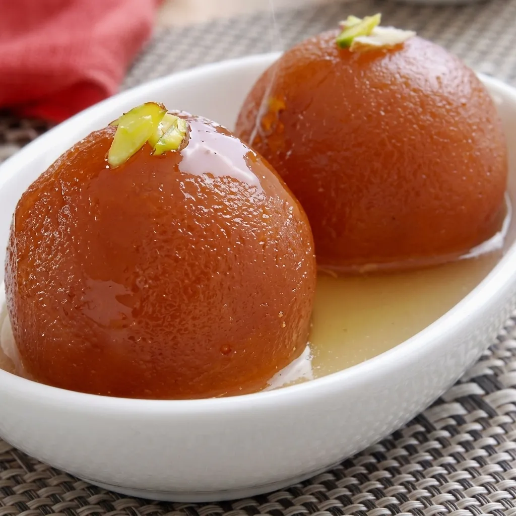 Warm gulab jamun with vanilla ice cream and pistachio at Biryani Unlimited Calgary
