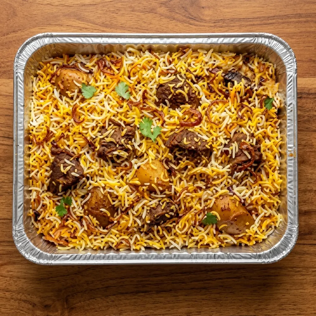 Bulk dum biryani party tray for catering at Biryani Unlimited in Calgary, AB