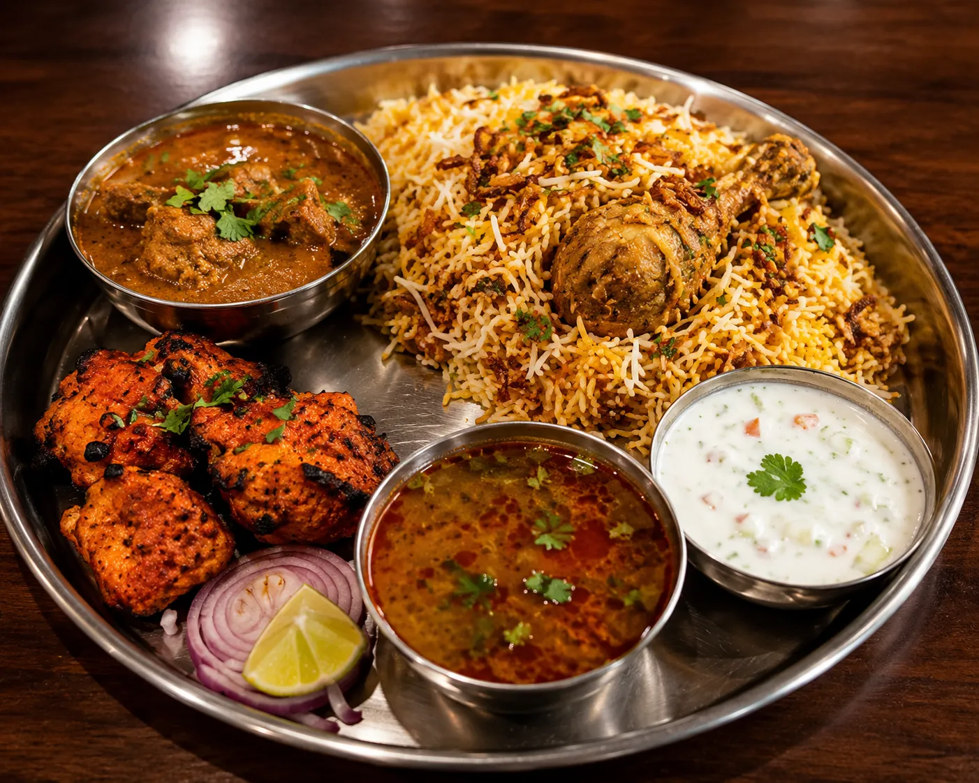 Traditional Hyderabadi biryani platter at Biryani Unlimited in Calgary, AB
